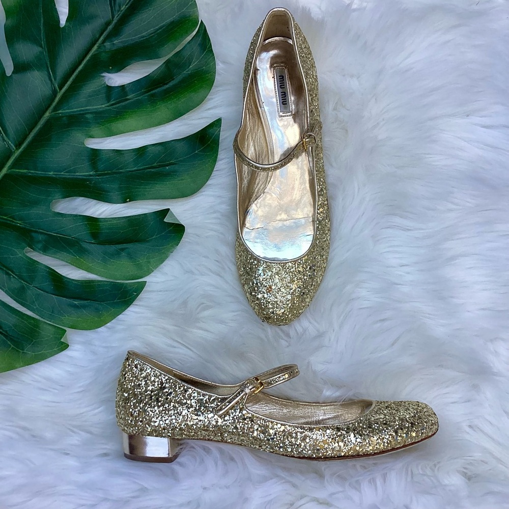 Miu Miu Gold Glitter Mary Jane Ballet Flats 41